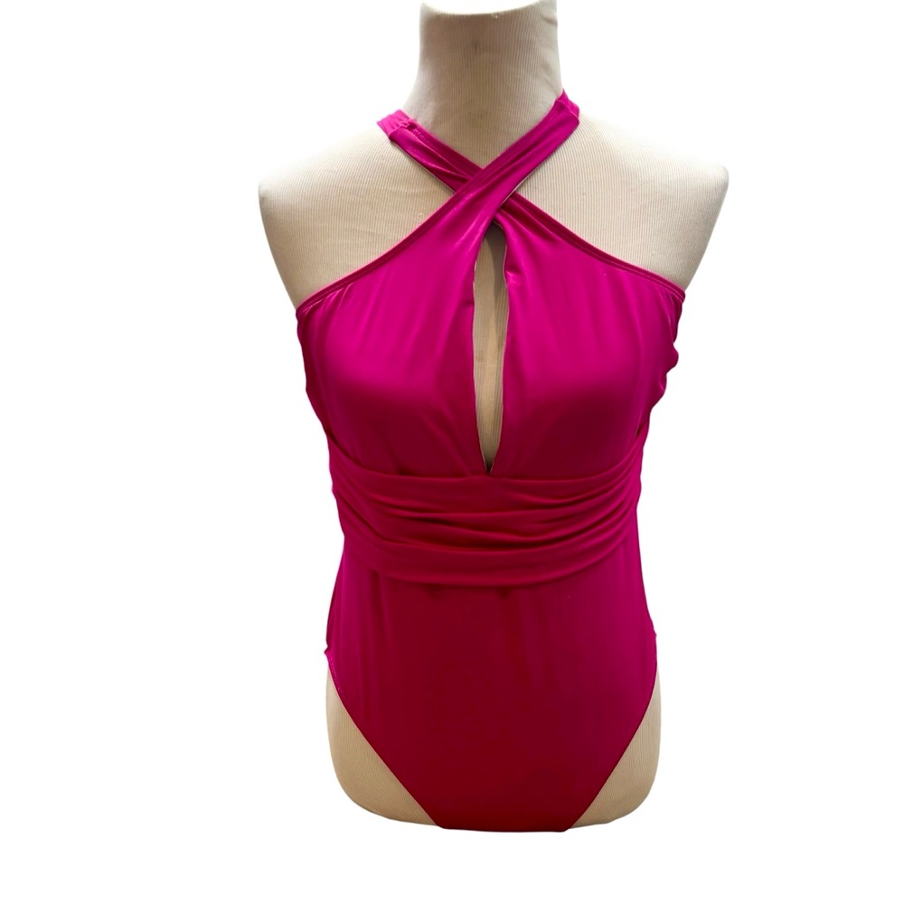 Ladies Lauren Ralph Lauren Hot Pink Cut Out Halter One Piece Swim Suit Size 14